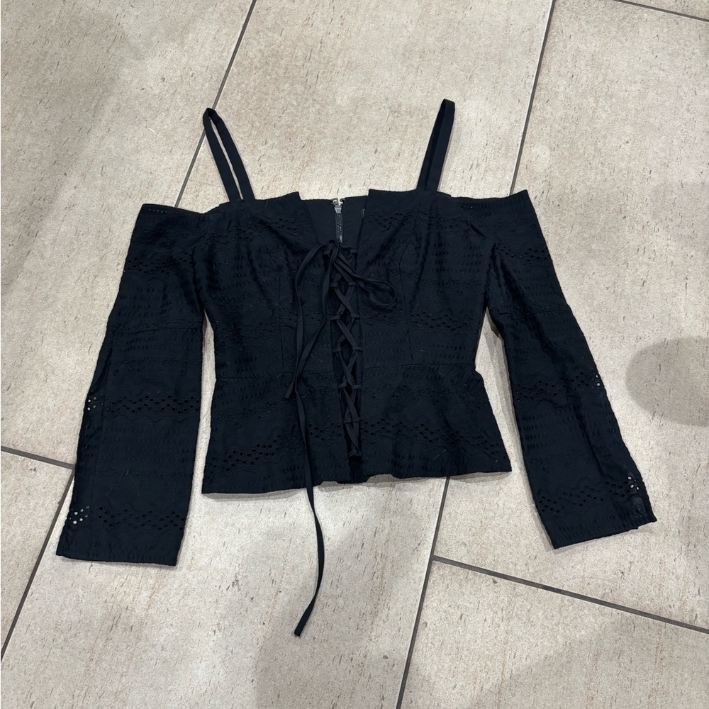 Black lace-up long sleeve top